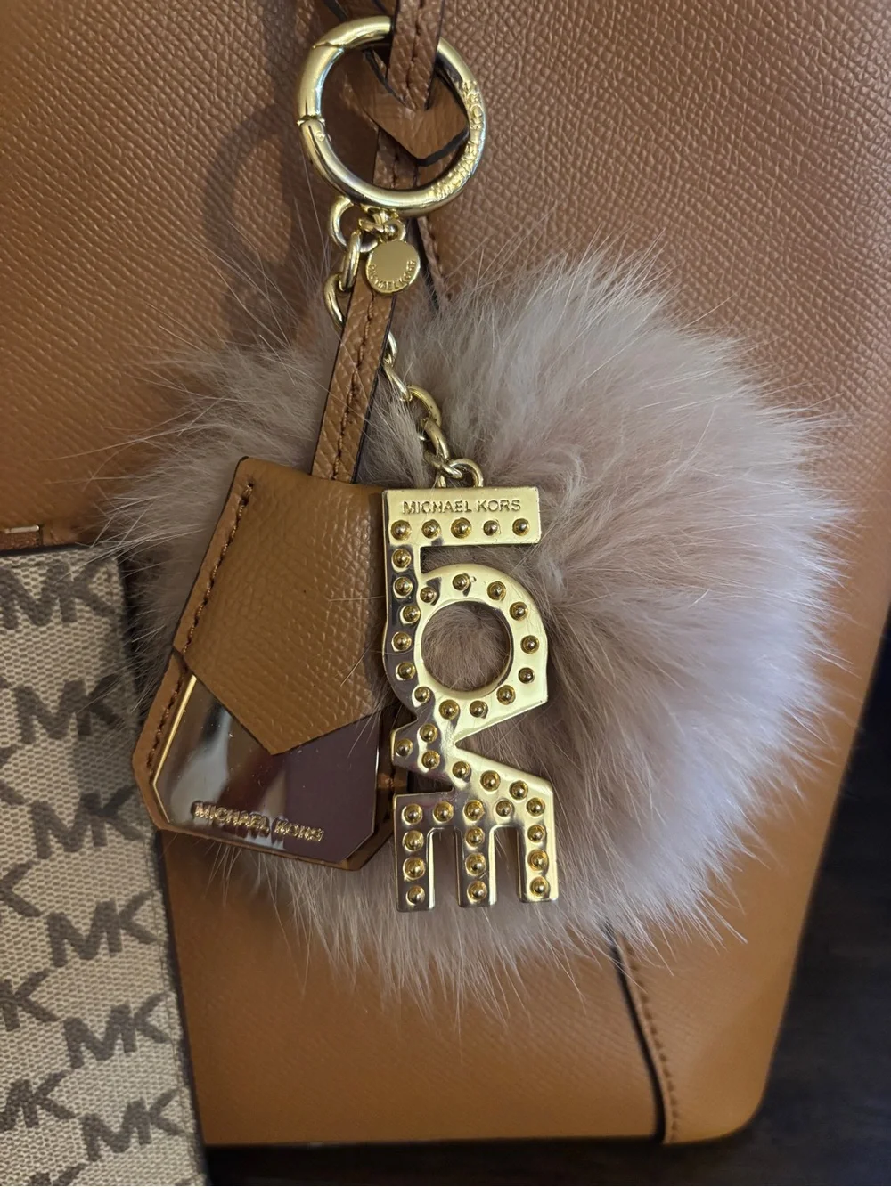 Michael Kors Cognac Saffiano Leather Tote with Logo Zip Pouch and Fur Pom - Picture 5 of 15
